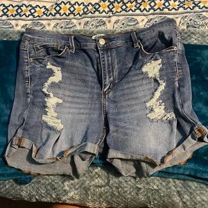 Mid-Rise Midi Distressed Denim Shorts